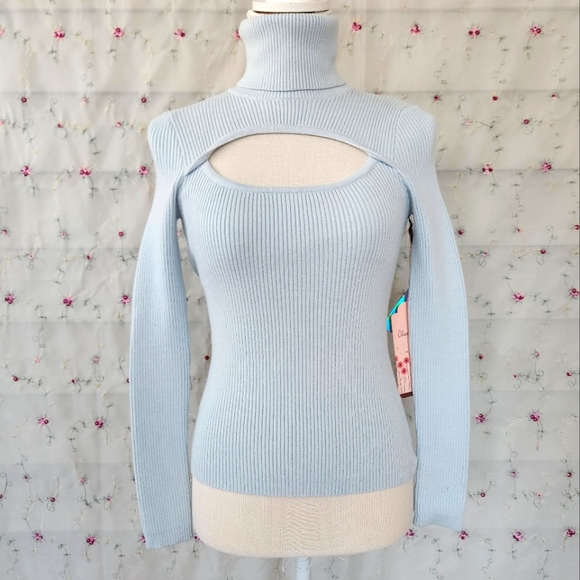 Powder Blue Chest Cut-Out Turtleneck - Picture 1 of 8